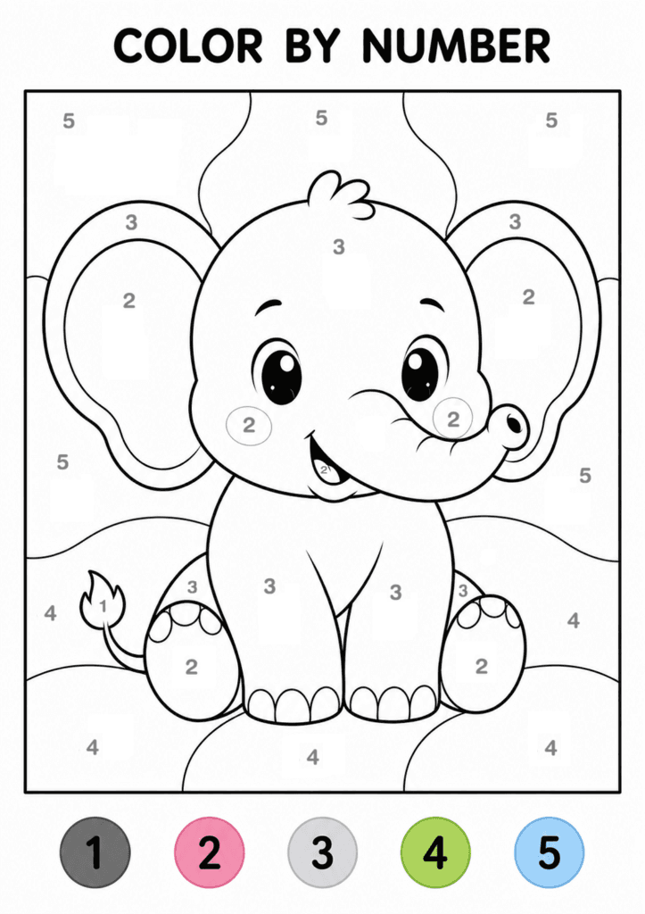 Elephant color by number coloring page for preschoolers