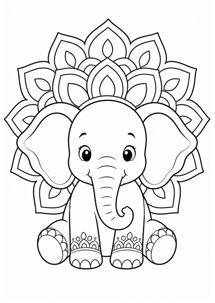 Cute elephant mandala coloring page for kids with simple floral mandala background