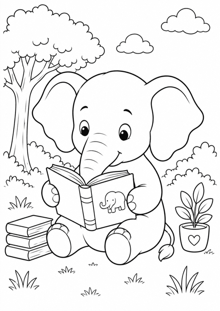 Elephant reading a book coloring page for kids