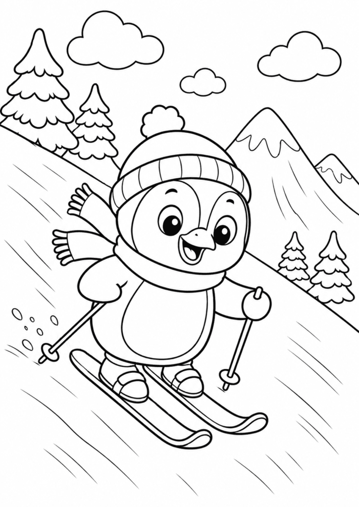 Funny Penguin Skiing Down a Mountain Coloring Page