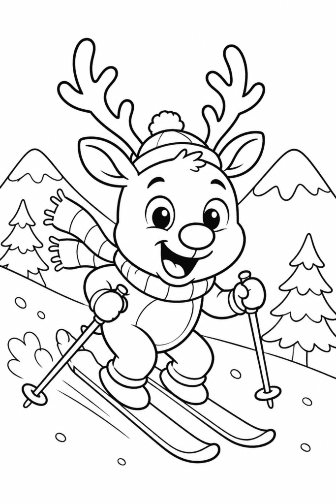 Funny reindeer skiing coloring page for kids