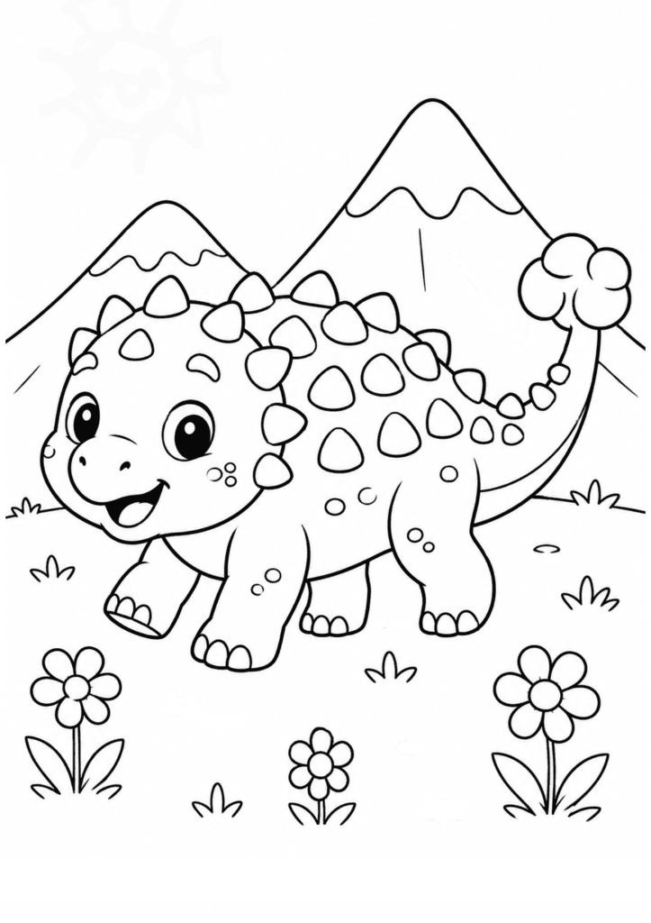 Happy Ankylosaurus walking through a flower meadow coloring page for kids