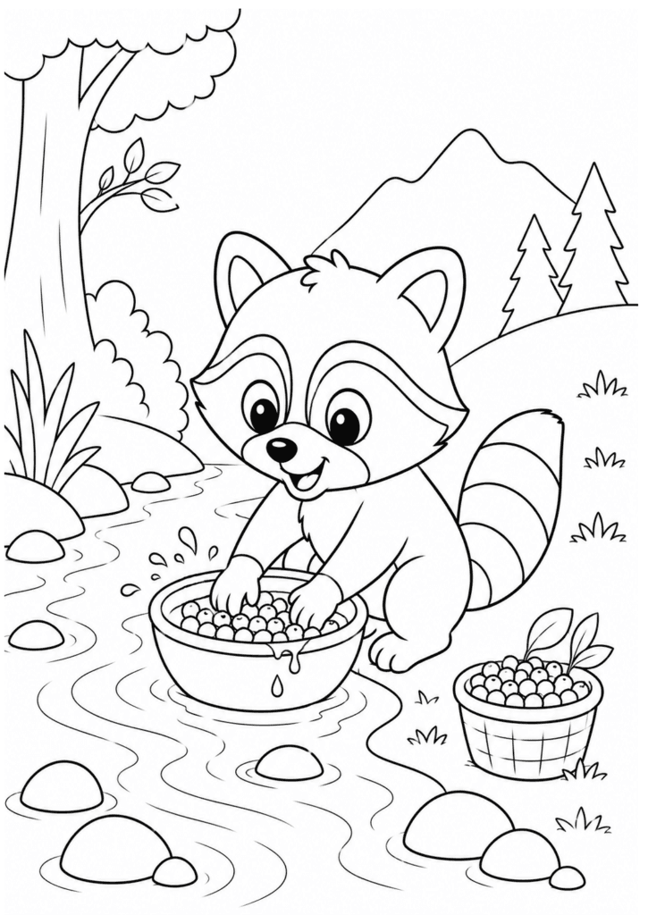 Happy raccoon washing berries by the stream coloring page for kids