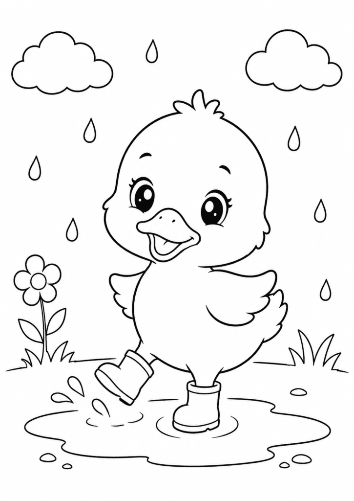Kawaii duckling in rain boots coloring page for kids