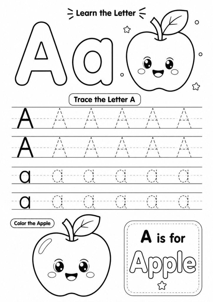 Letter A worksheet for preschoolers with tracing and apple coloring activity