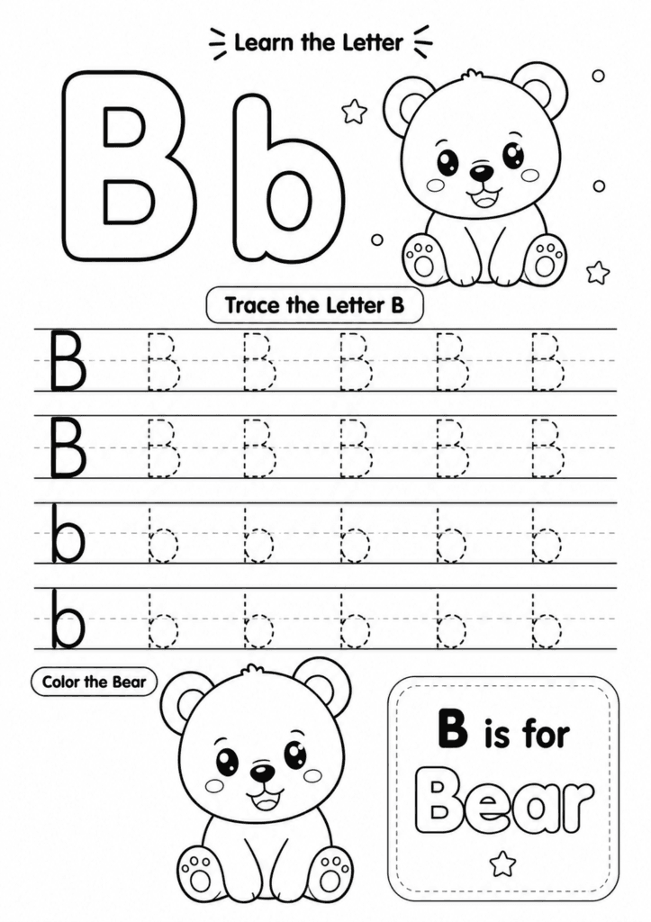 Letter B worksheet for preschoolers with tracing and bear coloring activity