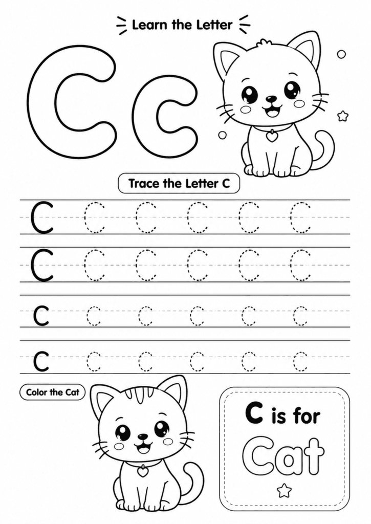 Letter C worksheet for preschoolers with tracing and cat coloring activity