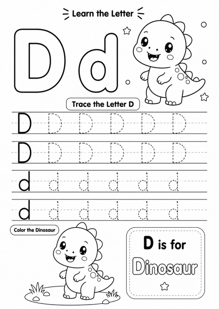 Letter D worksheet for preschoolers with tracing and dinosaur coloring activity