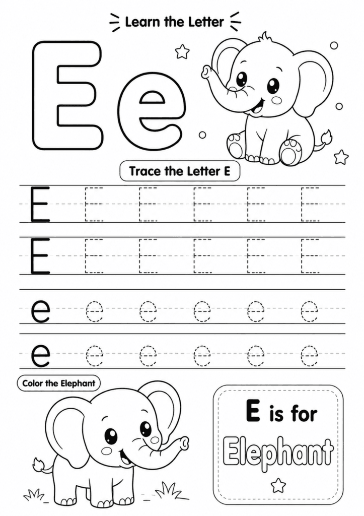 Letter E worksheet for preschoolers with tracing and elephant coloring activity