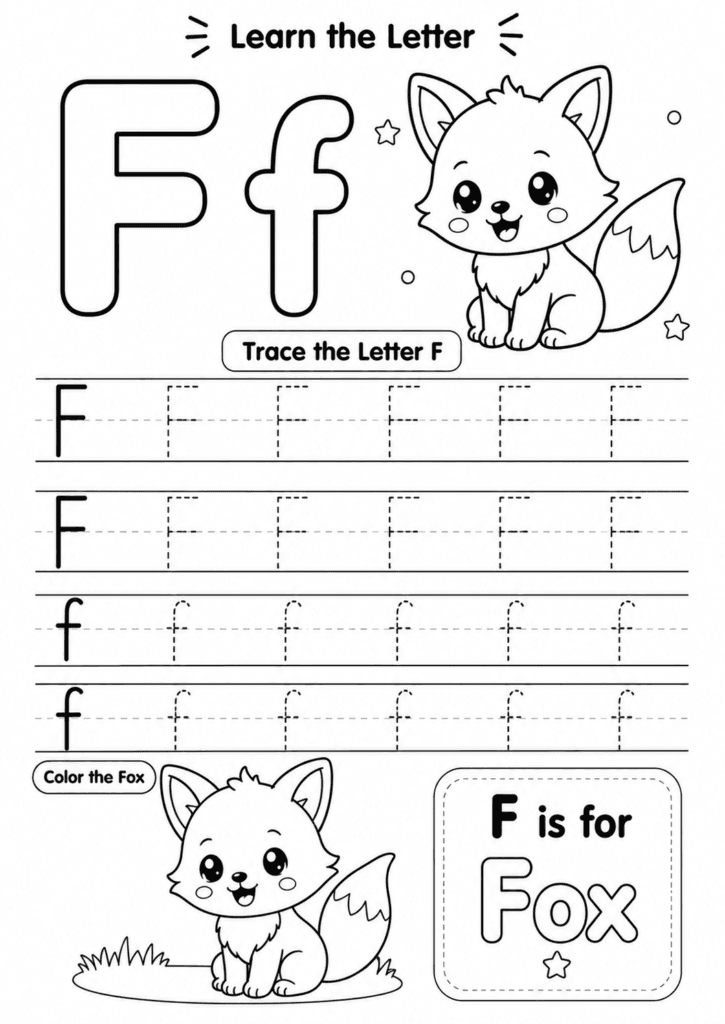 Letter F worksheet for preschoolers with tracing and fox coloring activity