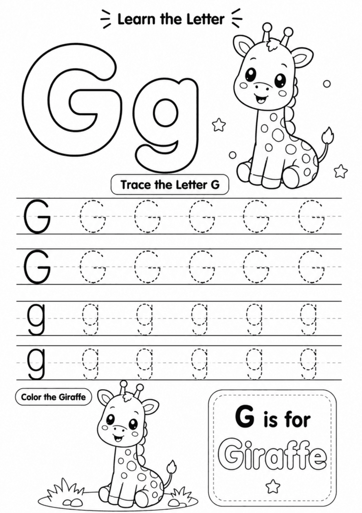 Letter G worksheet for preschoolers with tracing and giraffe coloring activity