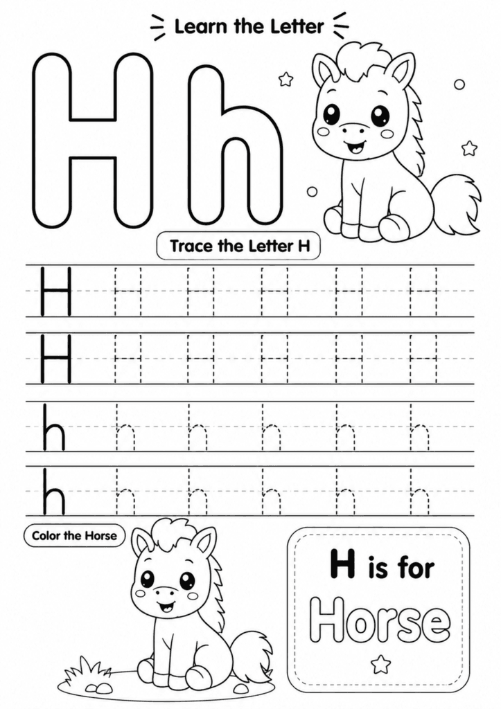 Letter H worksheet for preschoolers with tracing and horse coloring activity