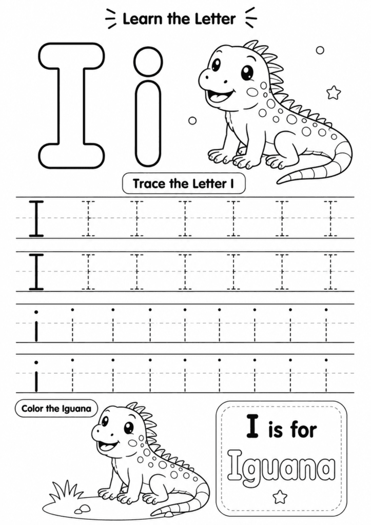 Letter I worksheet for preschoolers with tracing and iguana coloring activity