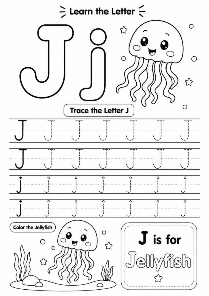 Letter J worksheet for preschoolers with tracing and jellyfish coloring activity