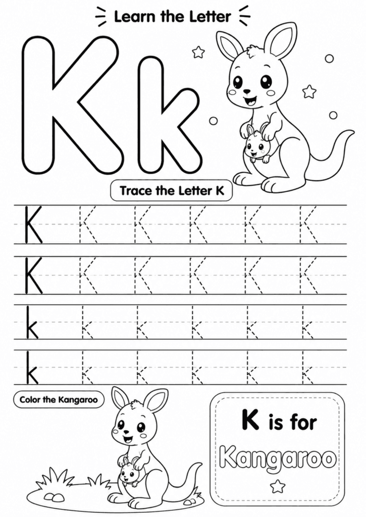 Letter K worksheet for preschoolers with tracing and kangaroo coloring activity
