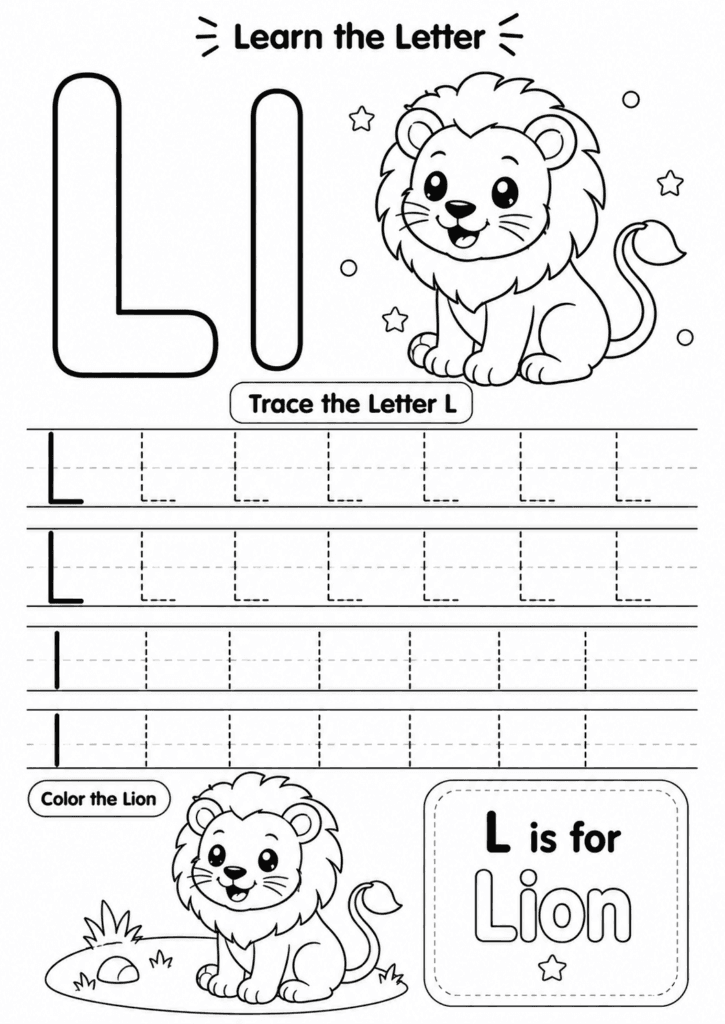Letter L worksheet for preschoolers with tracing and lion coloring activity