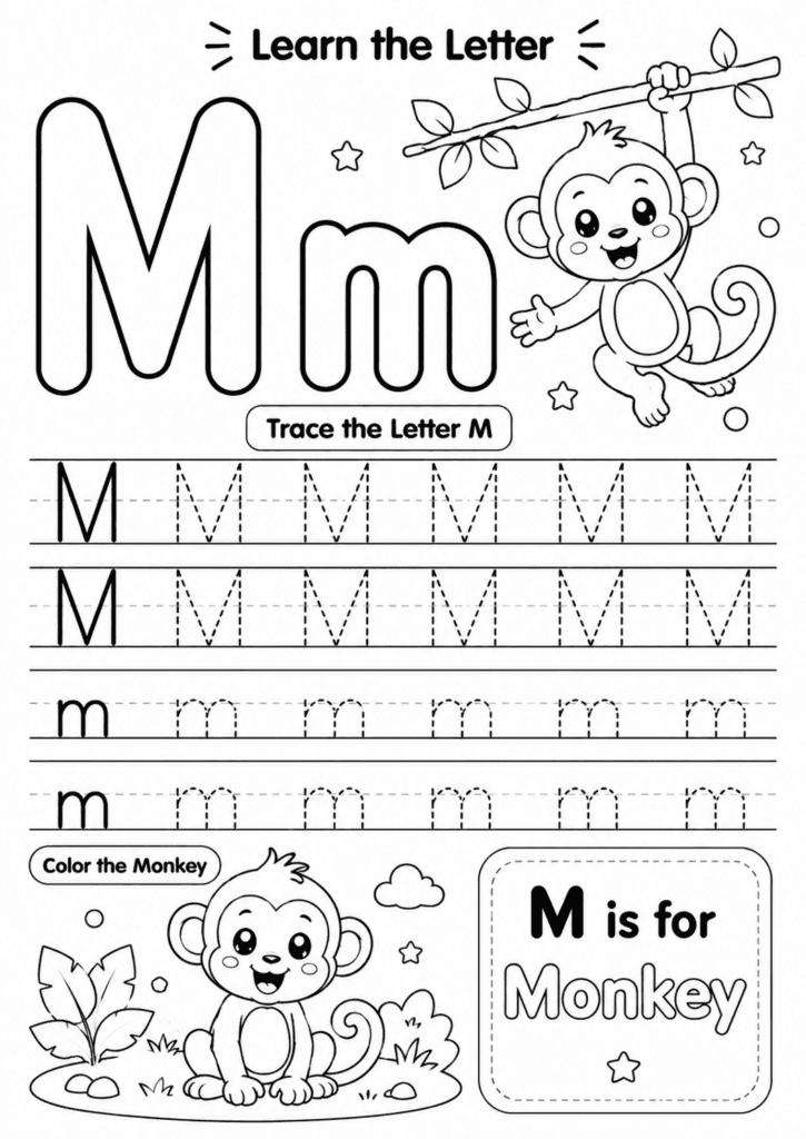 Letter M worksheet for preschoolers with tracing and monkey coloring activity