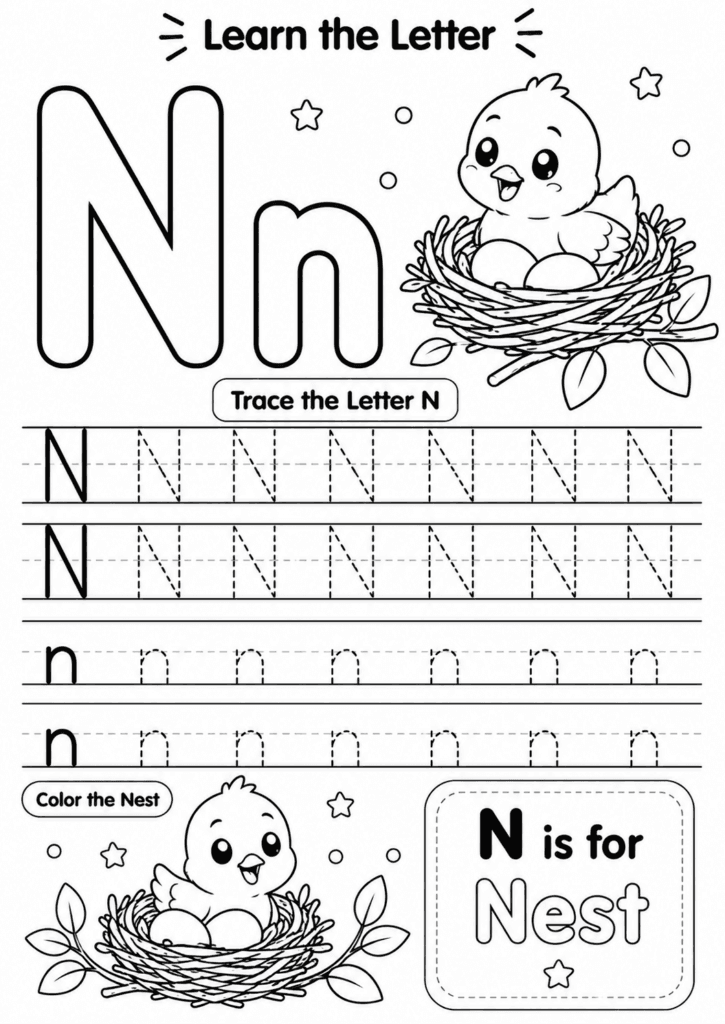 Letter N worksheet for preschoolers with tracing and nest coloring activity