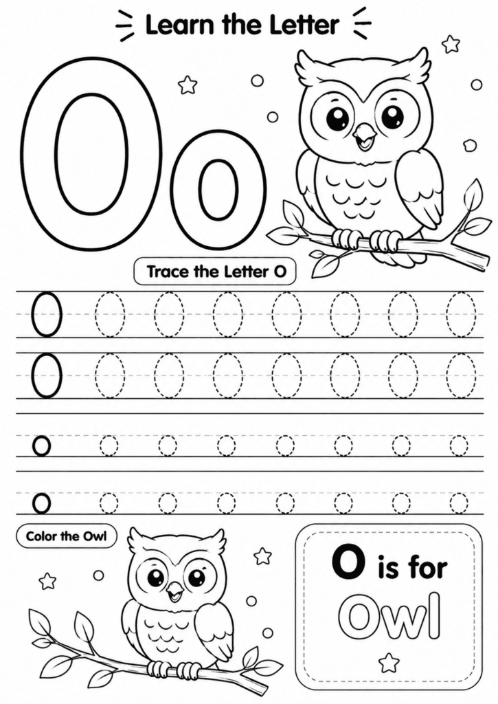 Letter O worksheet for preschoolers with tracing and owl coloring activity