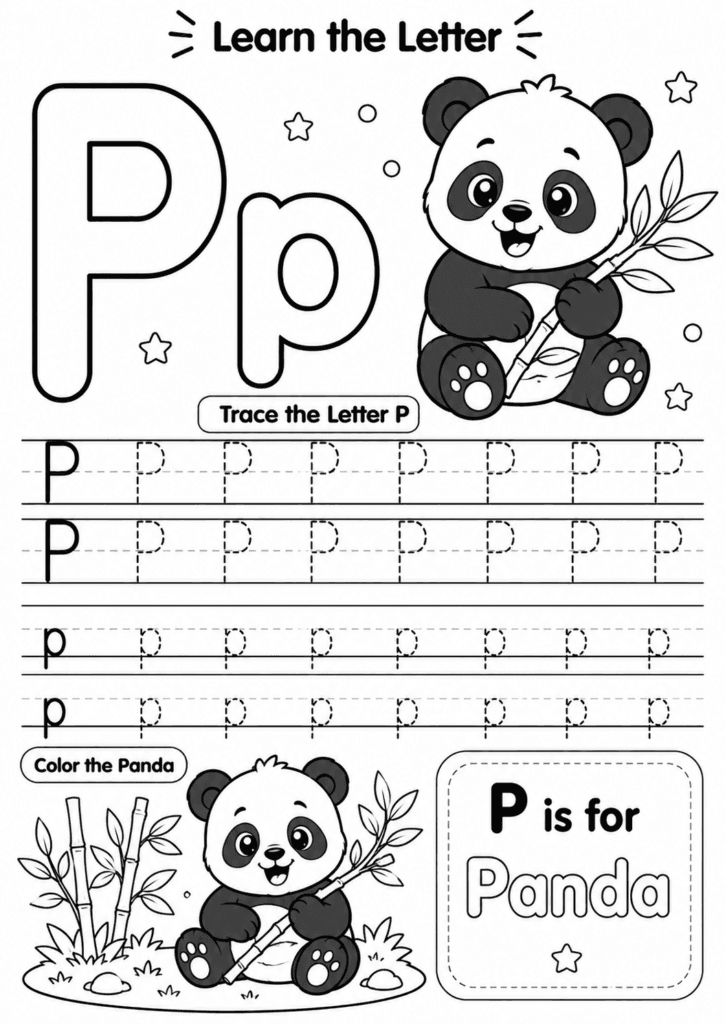 Letter P worksheet for preschoolers with tracing and panda coloring activity