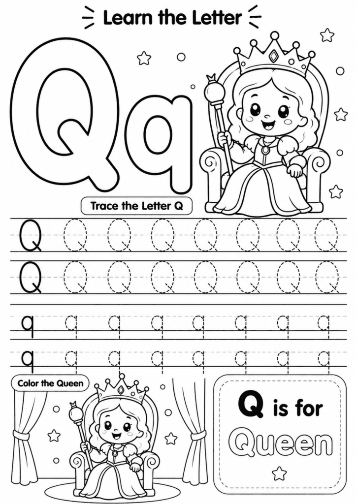 Letter Q worksheet for preschoolers with tracing and queen coloring activity