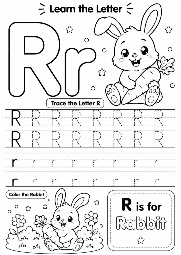 Letter R worksheet for preschoolers with tracing and rabbit coloring activity
