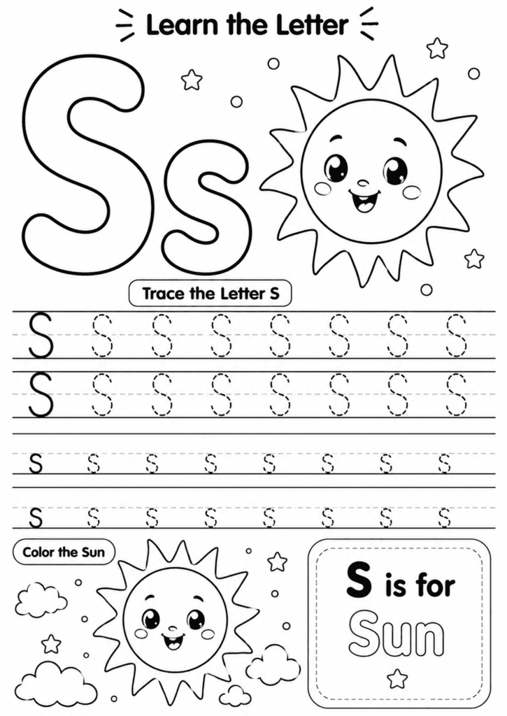 Letter S worksheet for preschoolers with tracing and sun coloring activity