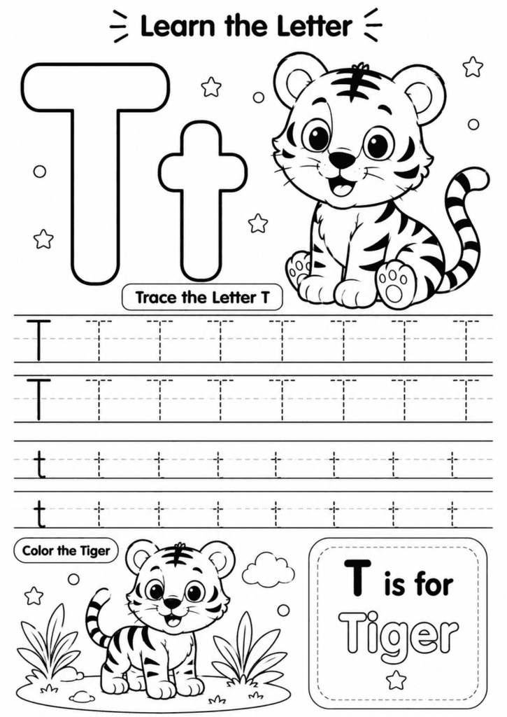 Letter T worksheet for preschoolers with tracing and tiger coloring activity