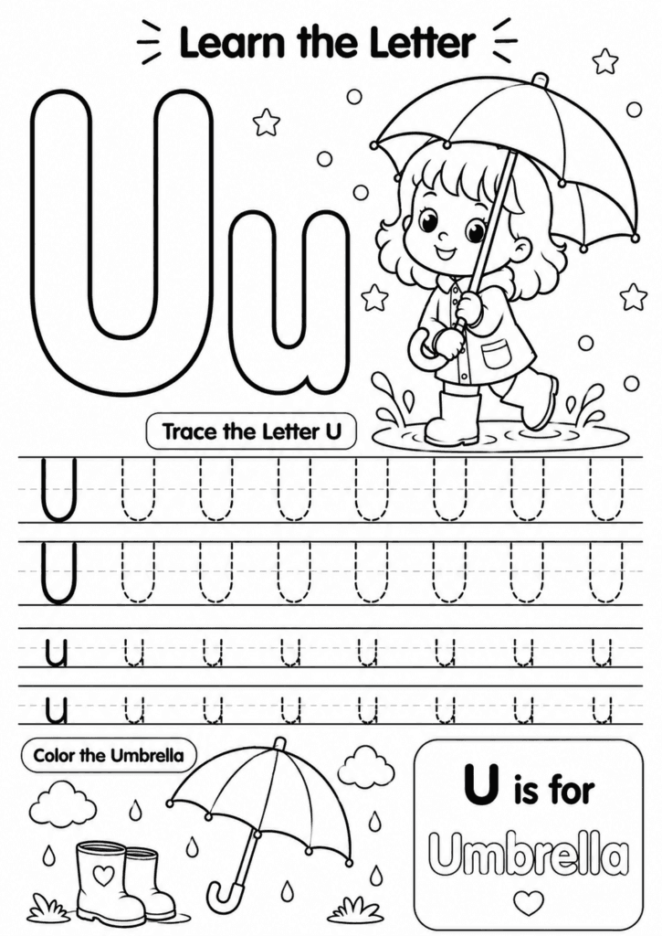Letter U worksheet for preschoolers with tracing and umbrella coloring activity