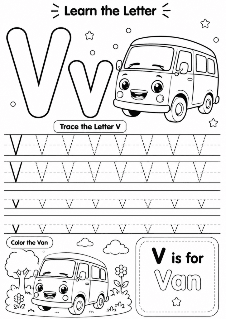 Letter V worksheet for preschoolers with tracing and van coloring activity