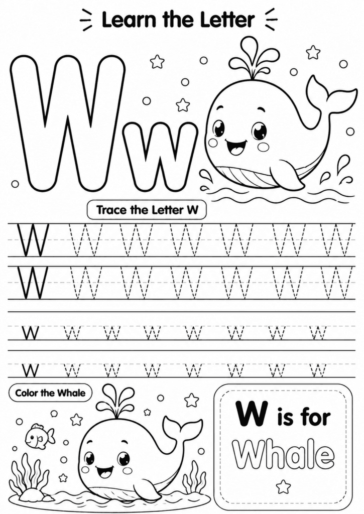 Letter W worksheet for preschoolers with tracing and whale coloring activity