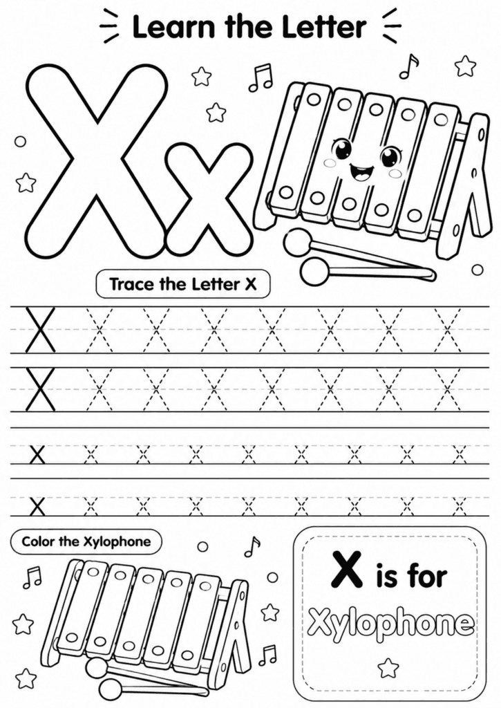 Letter X worksheet for preschoolers with tracing and xylophone coloring activity