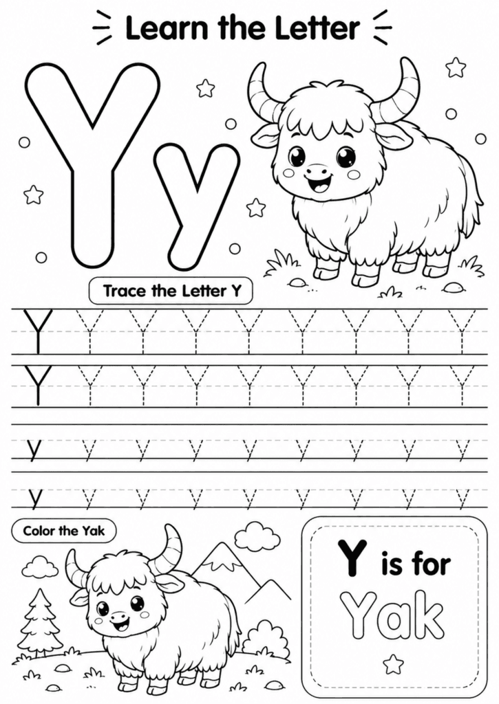 Letter Y worksheet for preschoolers with tracing and yak coloring activity
