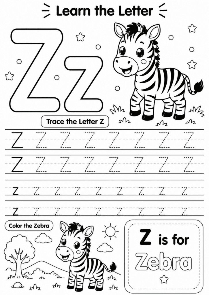 Letter Z worksheet for preschoolers with tracing and zebra coloring activity