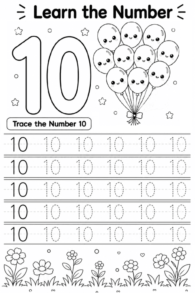Number 10 tracing worksheet for preschoolers with ten balloons learning activity