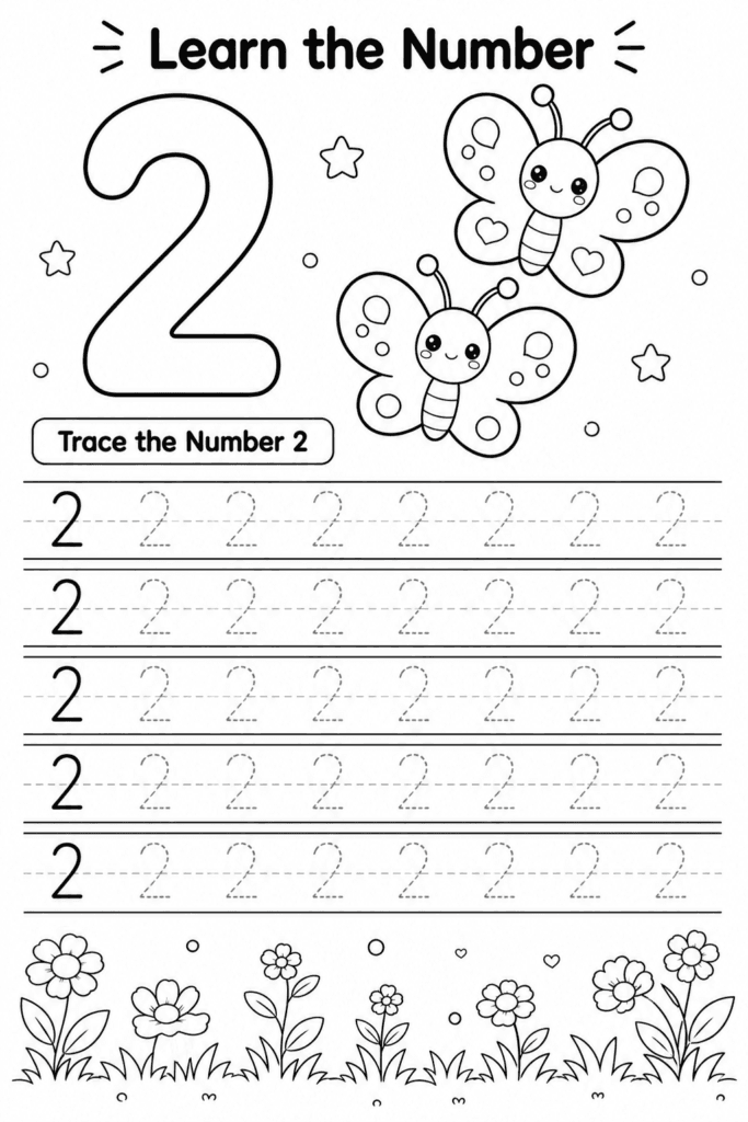 Number 2 tracing worksheet for preschoolers with two ducks counting activity