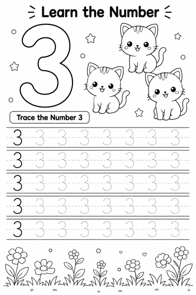 Number 3 tracing worksheet for preschoolers with three balloons counting activity