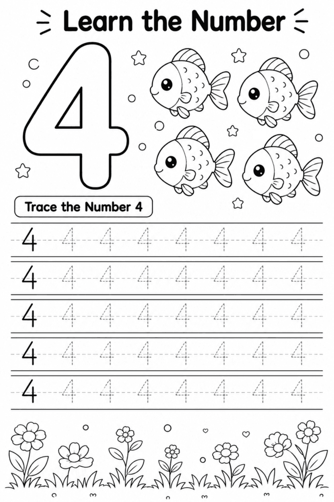 Number 4 tracing worksheet for preschoolers with four fish counting activity