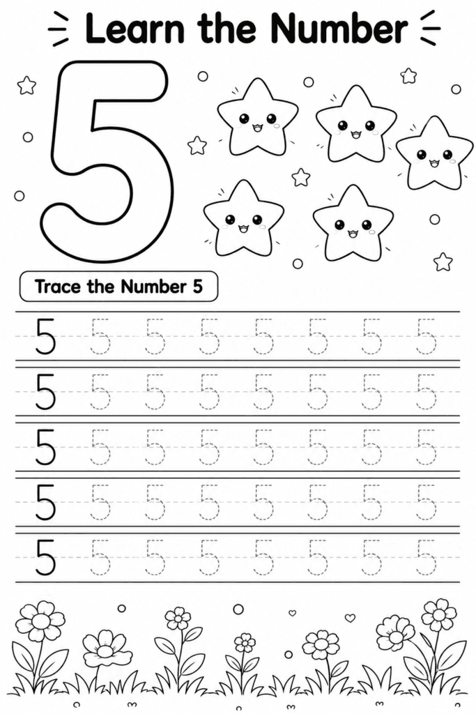 Number 5 tracing worksheet for preschoolers with five stars counting activity