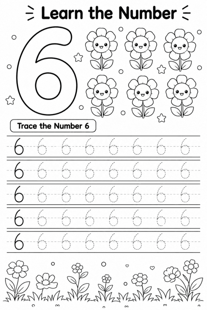 Number 6 tracing worksheet for preschoolers with six flowers counting activity
