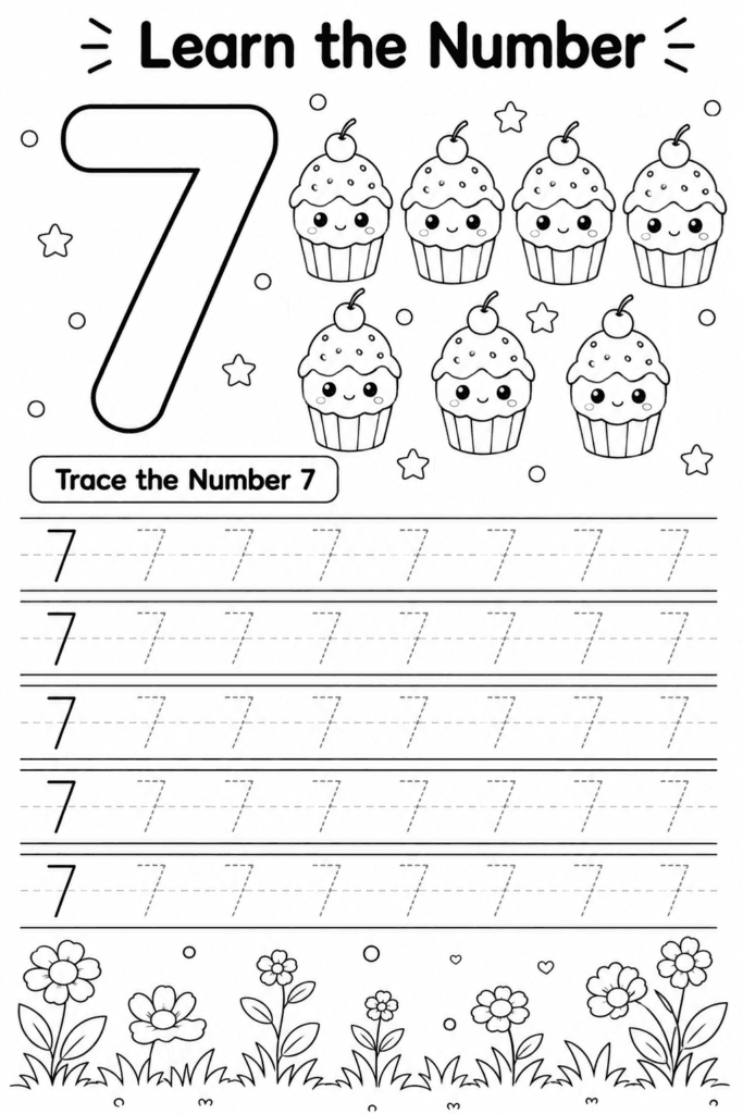Number 7 tracing worksheet for preschoolers with seven cupcakes counting activity