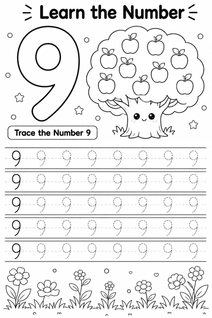 Number 9 tracing worksheet for preschoolers with nine apples tree counting activity