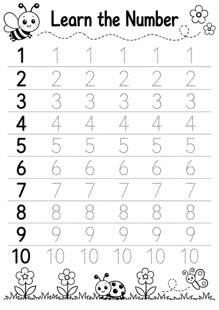 Number tracing worksheet 1 to 10 for preschoolers with bee theme and tracing practice