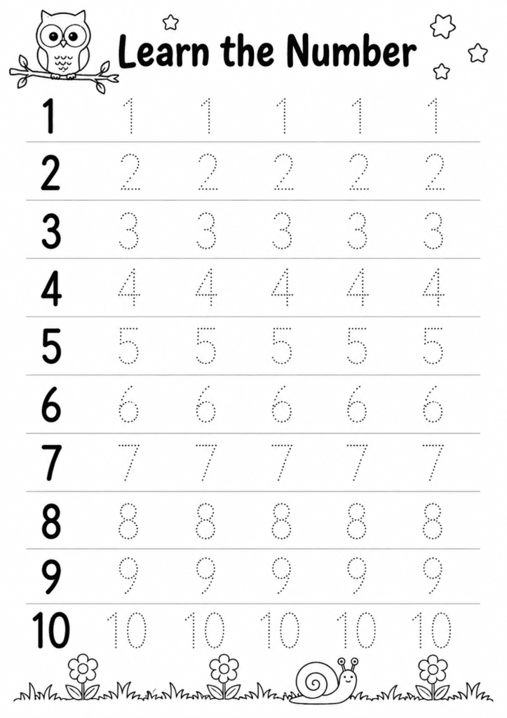 Number tracing worksheet 1 to 10 for preschoolers with owl theme and tracing practice