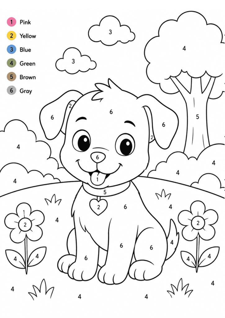 Puppy color by number coloring page for preschool and kindergarten kids