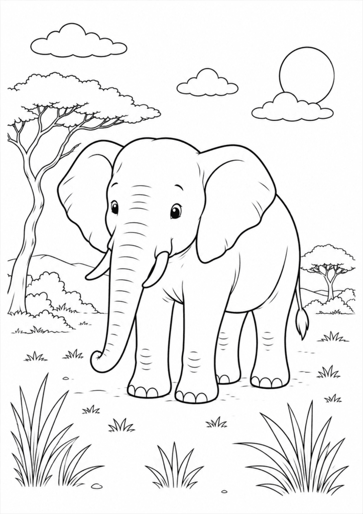 Safari elephant coloring page for kids with simple African savanna background