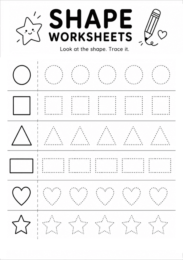 Shape worksheets for preschoolers with tracing practice for circle, square, triangle, rectangle, heart, and star