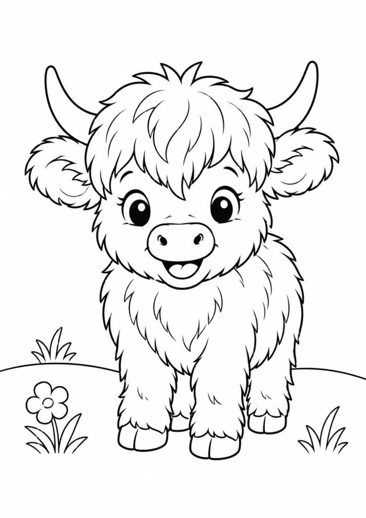 Smiling Highland cow calf coloring page for kids