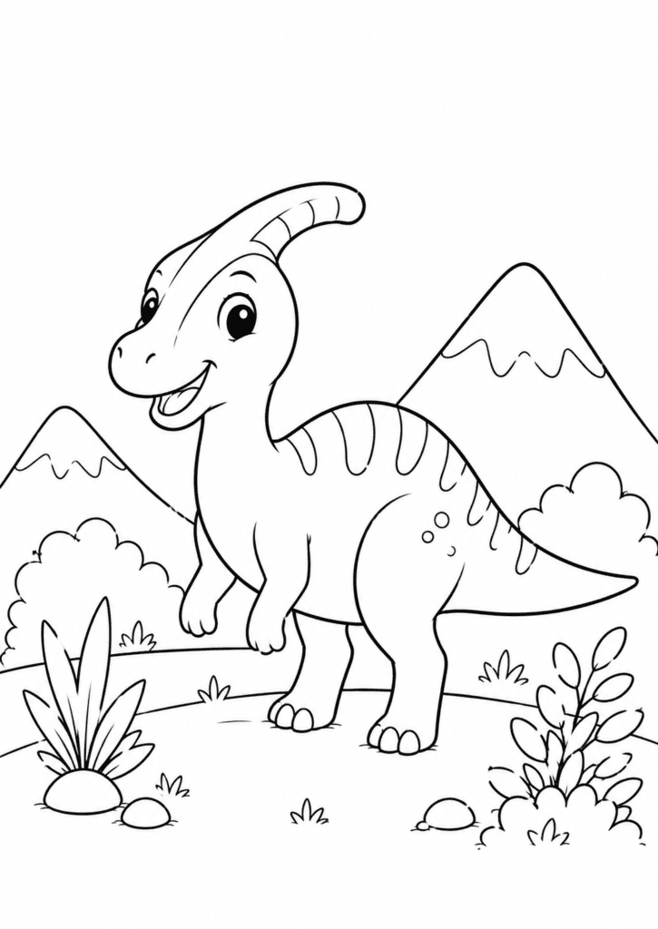 Smiling Parasaurolophus coloring page for kids