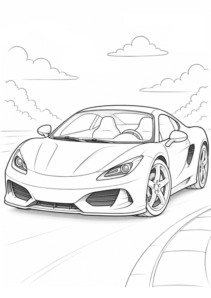Sports car driving on a road coloring page for kids
